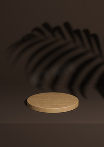 深棕色 3D 渲染简单、最小的木质产品讲台背景，带有棕榈叶阴影，用于圆柱支架上的自然产品