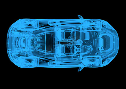 黑色背景上一辆线框蓝色汽车的顶视图