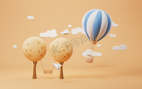 旅程卡通摄影照片_卡通热气球与树木场景，3d 渲染。