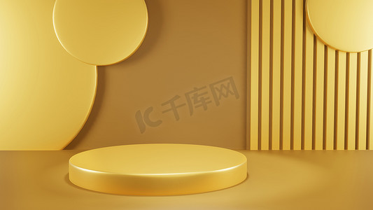 黄色背景上带有金色灯光的抽象 3D 讲台。