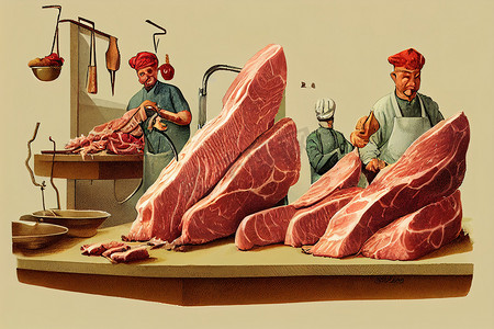 肉卡通食物摄影照片_屠夫和切肉工，卡通插图