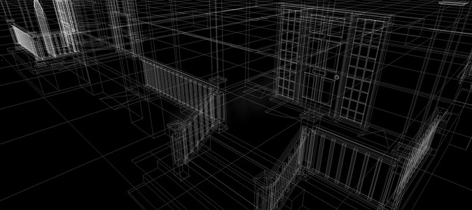 智能家居自动化系统数字门入口智能技术抽象背景架构 3d 黑色背景线框结构