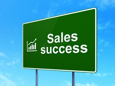 营销理念：路标背景上的销售成功与增长图