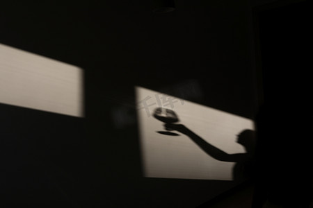 一位女侍酒师拿着一杯酒，墙上的影子。