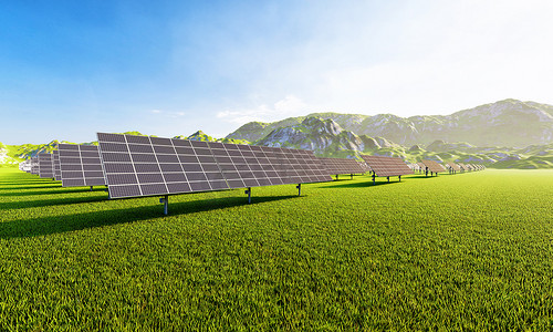 光伏发电站摄影照片_具有太阳能电池板的太阳能发电站，用于从鸟瞰图通过绿色电力产生电力能源。