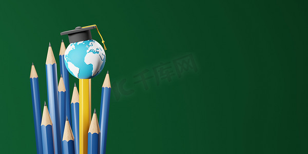 绿色背景 3D 渲染中带世界的黄色铅笔和毕业帽的出国留学和教育概念设计