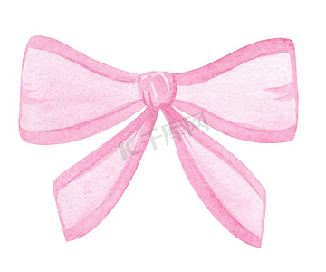 蝴蝶结手绘摄影照片_水彩手绘可爱的粉红色蝴蝶结隔离在白色背景上，用于女婴或礼品盒装饰