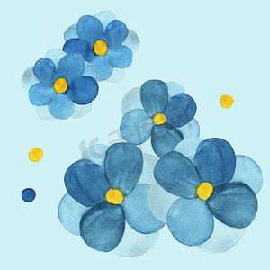 蓝色手手绘摄影照片_孤立在白色背景上的水彩蓝色花组成。