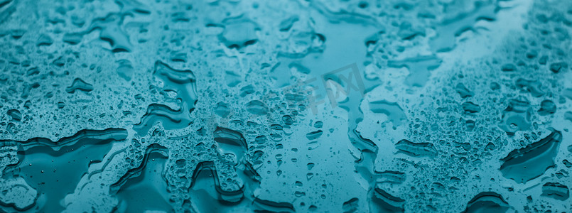 水纹理抽象背景、绿松石玻璃上的水滴作为科学宏观元素、阴雨天气和自然表面艺术背景环境品牌设计