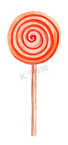 手绘甜点糖果摄影照片_水彩红色棒棒糖孤立在白色背景上。