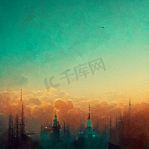 美丽梦幻的城市，在日落的背景下有摩天大楼的轮廓。