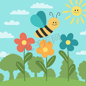 可爱的蜜蜂在花草树木的自然背景中。