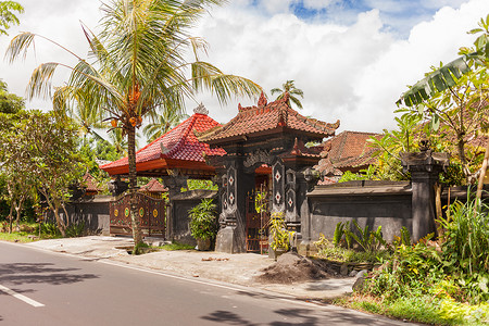 印度尼西亚乌布的房子，有花纹门和瓦屋顶。