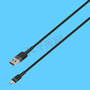 usb连接器摄影照片_带 USB 和微型 USB 连接器的电缆，隔离在蓝色背景上