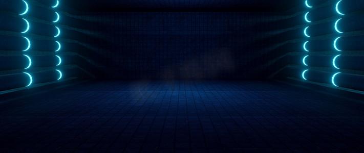 计算机化的星际展厅车库空荡荡的走廊聚光灯淡蓝色抽象背景