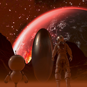 夜间，宇航员和小机器人在沙漠外星球上面对一个奇怪的蛋形物体