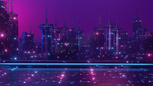 抽象背景与紫色霓虹灯网格城市剪影在复古风格 3d 渲染