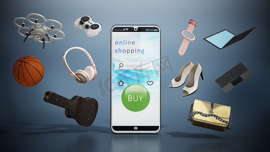 界面购物摄影照片_具有在线购物界面和漂浮在空中的物体的智能手机。 