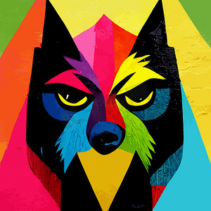 黑色狼头摄影照片_五颜六色的狼头与酷炫的孤立波普艺术风格背景。 