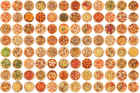 各式各样摄影照片_孤立的各种披萨组拼贴