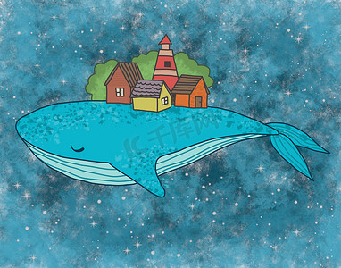 天上的星亮晶晶摄影照片_天上的鲸鱼背上有房子