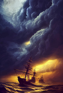 中超摄影照片_在暴风雨插图中的海洋中的船。