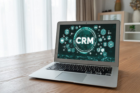 CRM端摄影照片_用于 CRM 业务的现代计算机上的客户关系管理系统