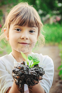 一个孩子在花园里种植一株植物。