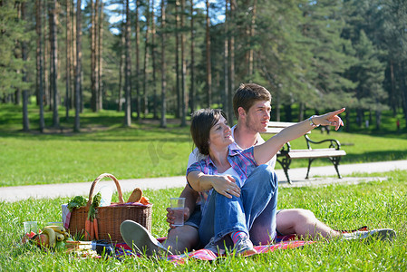户外野餐摄影照片_快乐的年轻夫妇在户外野餐