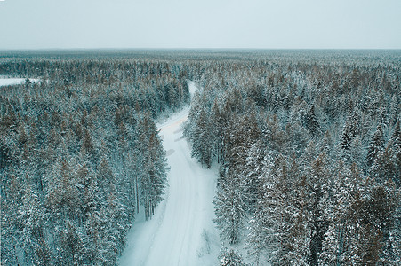 用汽车的灯光线从空中无人机观察森林中的雪冬路