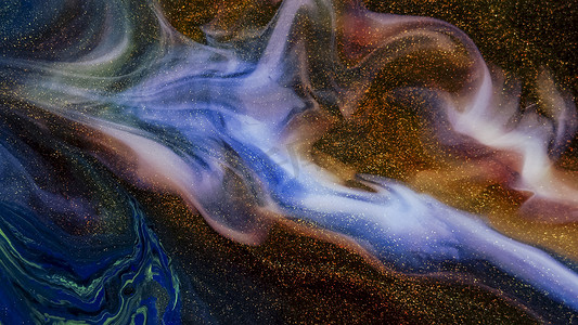 流体绘画艺术，蓝色、紫色、黑色和金色的大理石抽象。