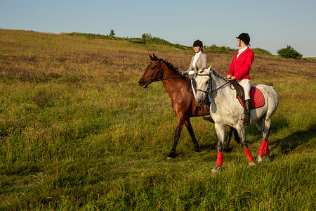 两名年轻女子在公园里骑马。