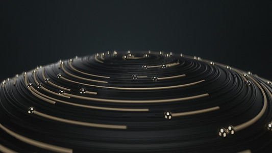 金色粒子线条背景摄影照片_3d 渲染飞越金色球与圆形地形线和黑色背景上的粒子