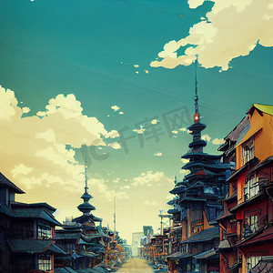 动漫风格的街道和日式建筑