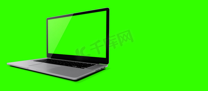 绿色电脑背景摄影照片_3D 渲染白色笔记本电脑或笔记本电脑的样机图像，绿色背景上有空白的绿色屏幕。