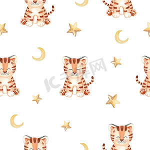 婴儿纺织品摄影照片_水彩可爱的老虎和星星无缝图案在白色背景上用于织物、婴儿纺织品、睡衣、品牌、邀请函、剪贴簿、包装