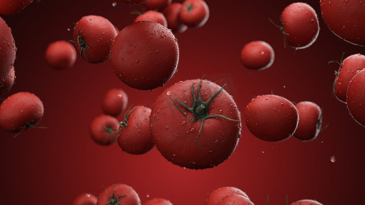 红色背景上带水滴的 3d 渲染落西红柿