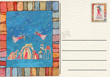手绘明信片，上面有圣诞耶稣诞生的场景