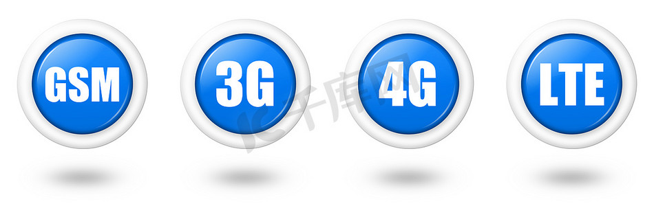 带阴影的蓝色 LTE、4G、3G 和 GSM 电信图标集