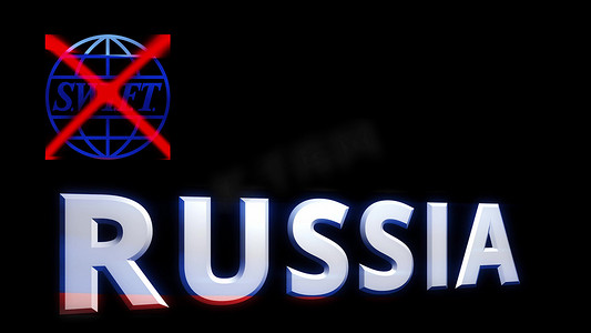 俄罗斯，塞兹兰 — 2022年2月27日：俄罗斯和划掉的快速标志，黑色背景上的动画文本，使俄罗斯与国际支付脱节，实施制裁