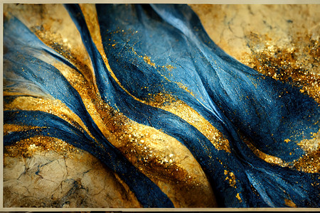 壮观的深蓝色和金色墨水在周围旋转。