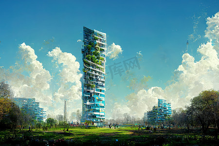 壮观的数字艺术 3D 插图生态未来城市树木丰富。