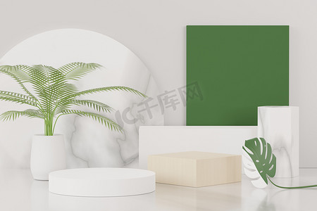 带有热带龟背竹叶的抽象基座讲台展示的 3d 渲染。