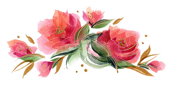 水彩花手绘花摄影照片_粉红色水彩花花环组合物与精致的玫瑰花
