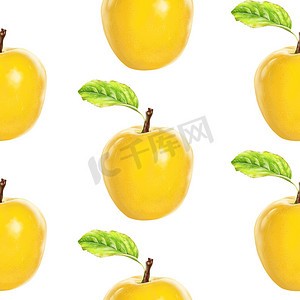 白色孤立背景上的插图现实主义无缝图案水果苹果黄色