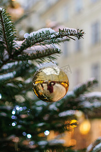 松树上的圣诞装饰金球和雪
