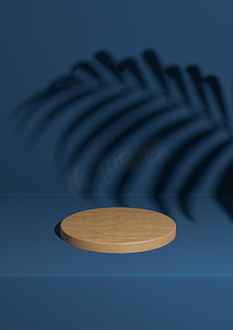 3d蓝色圆柱摄影照片_深色、水蓝色 3D 渲染简单、最小的木制产品讲台背景，带有棕榈叶阴影，用于圆柱台上的自然产品