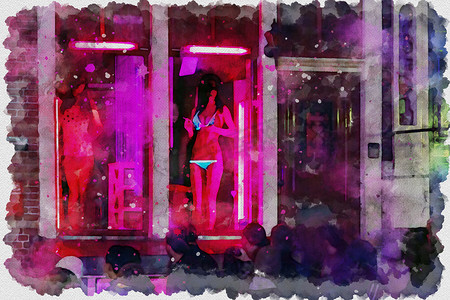 荷兰阿姆斯特丹红灯区的插图，红灯窗内有性工作者，面向路人