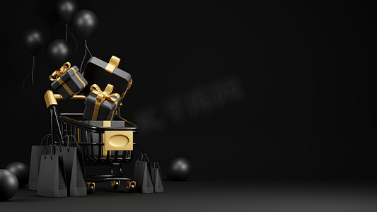 黑色星期五气球摄影照片_黑色星期五销售横幅设计购物车和带纸袋的礼品盒黑色背景 3D 渲染
