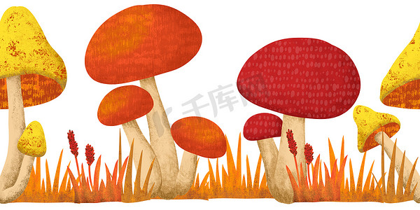 手绘秋季无缝水平边框与蘑菇森林木草叶。